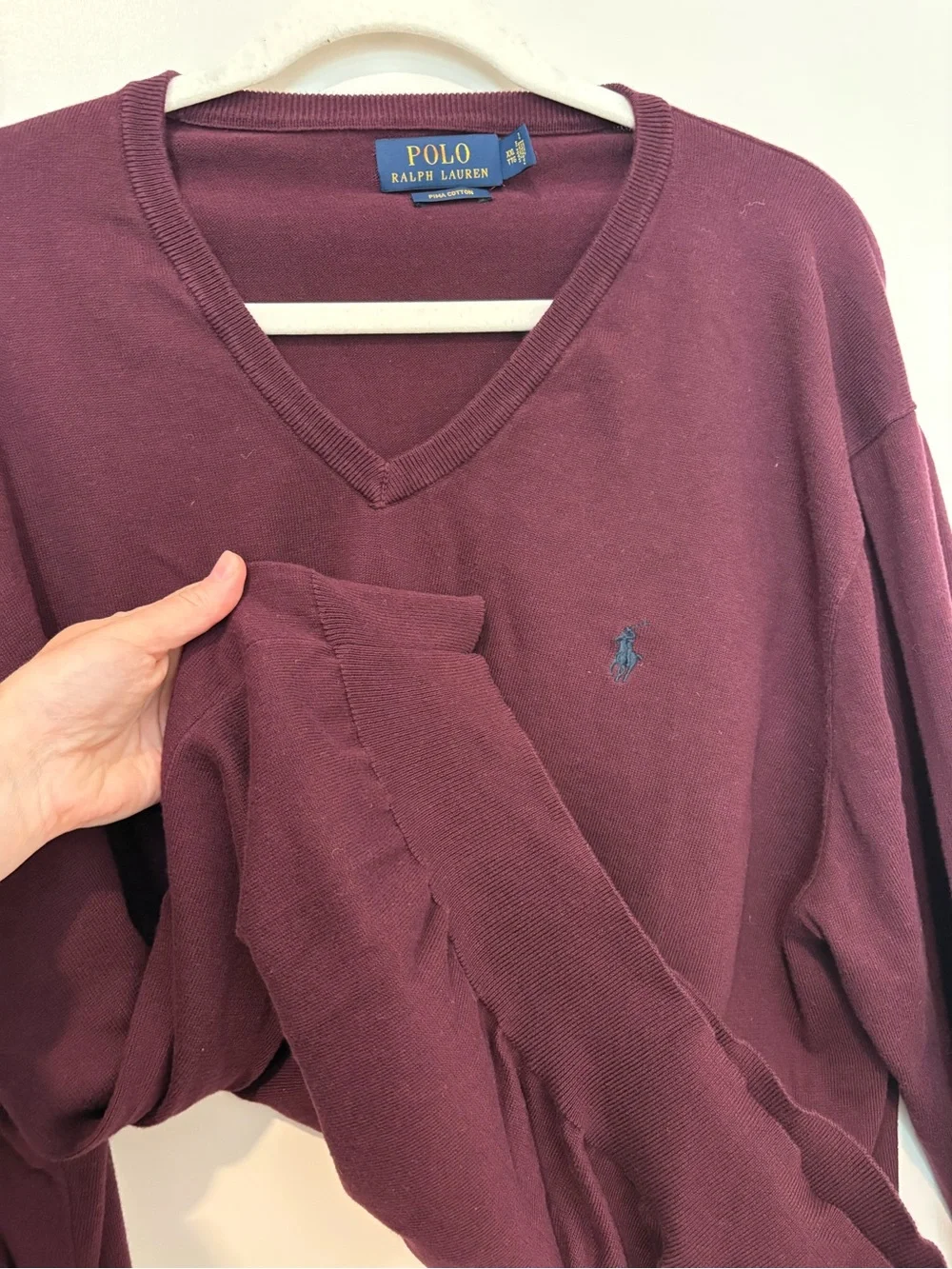 Polo Ralph Lauren Burgundy V-Neck Sweater Pony Logo Pima Cotton Preppy Classic